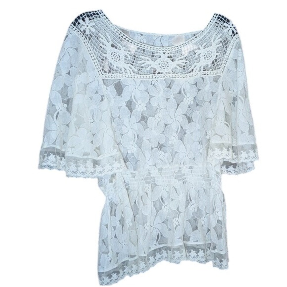 White Floral Lace Butterfly Sleeve Blouse Crochet‎ Neckline Boho Fairy Sz S